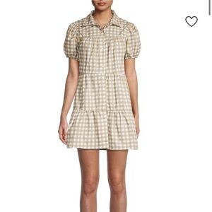 RDI Tan Gingham Short Puff Sleeve Button Front Mini Dress